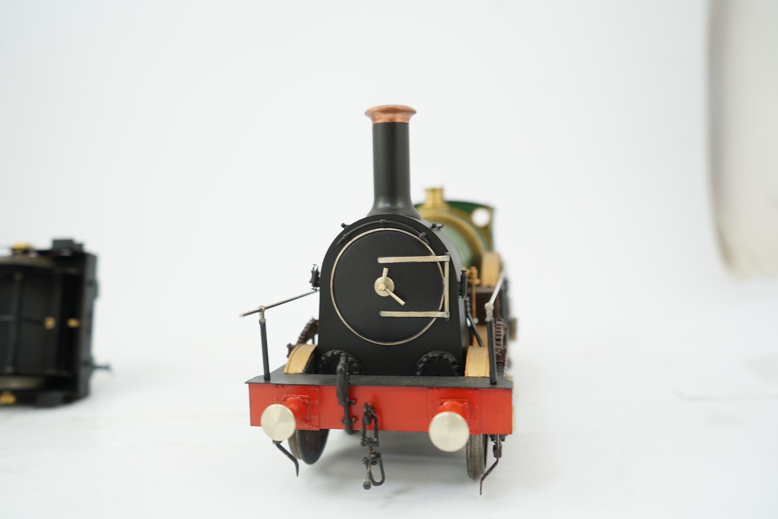 A ‘Gauge One’ kit/scratch built model of GWR broad gauge 4-2-2 tender locomotive Iron Duke scaled to run on 70mm track, unpowered and with a good level of detailing including the valve gear between the frames.